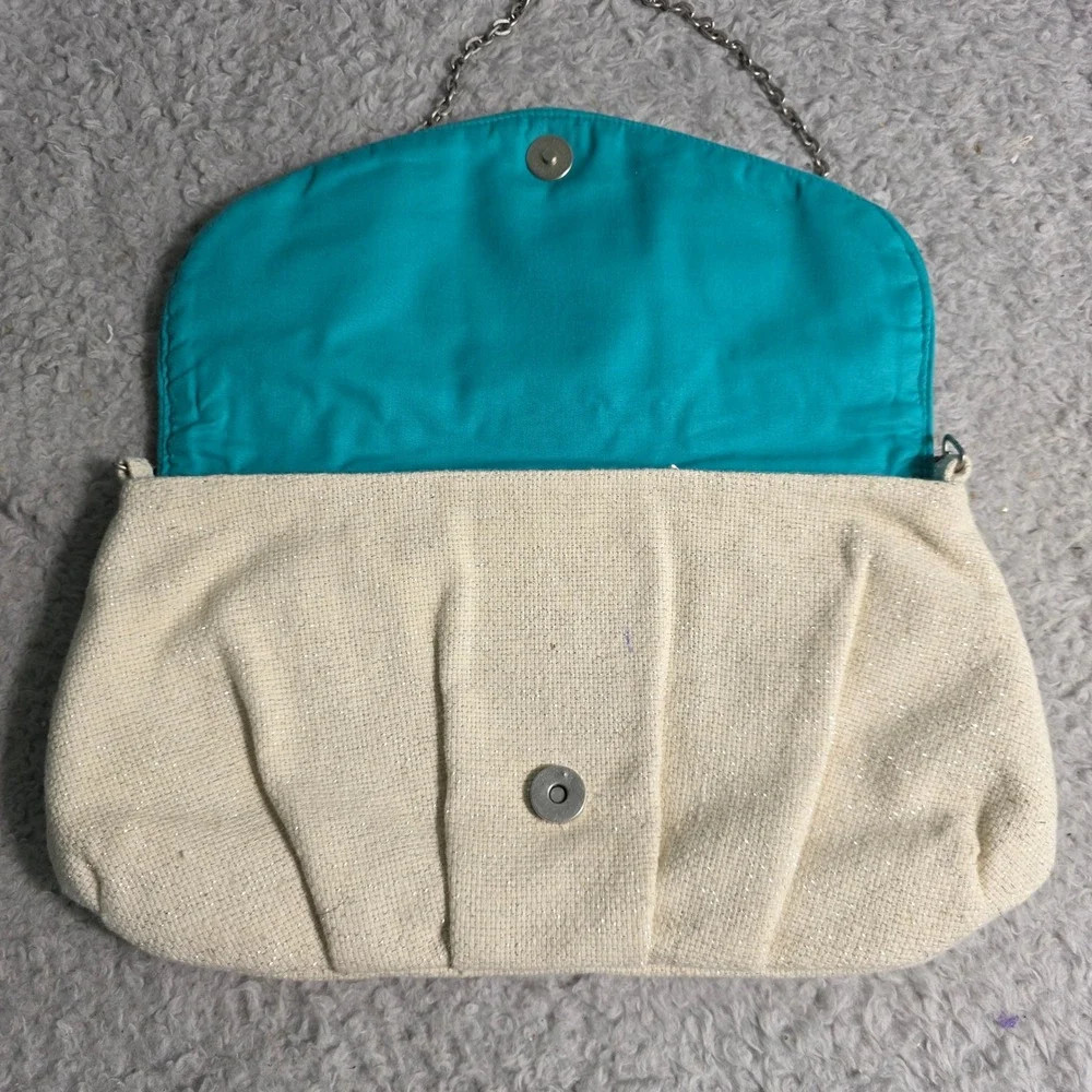 Chico's Clutch Bag‎ Beige Blue Beaded Turquoise Green Coastal Bohemian Purse